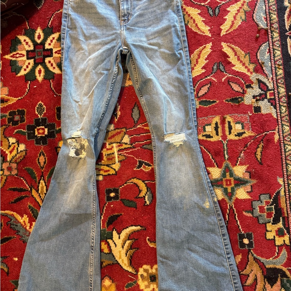 Hollister Light Blue Flared Jeans with Knee Distress